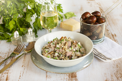 Risotto d'agneau, châtaignes et petits légumes de printemps